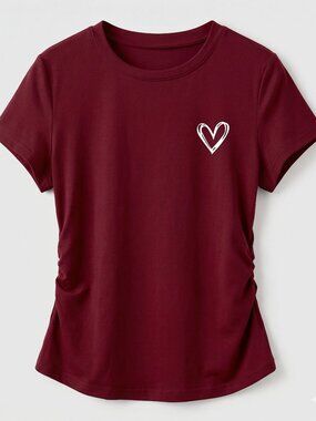 New Burgundy Waist-Cinching Slim-Fit Heart Print T-Shirt